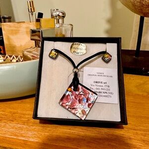 Brand New Murano GlassEarrings & Necklace Set Venice Italy rope pennant